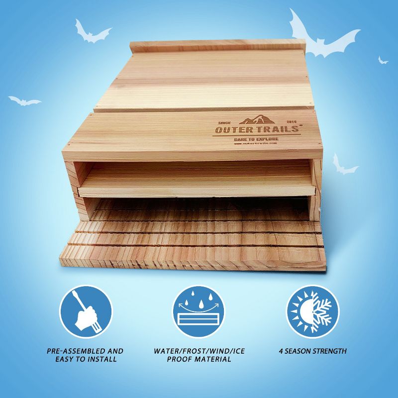 Outer Trails Bat House Outdoor Bat Habitat, Unstained All Natural Cedar Wood, 2 Chamber