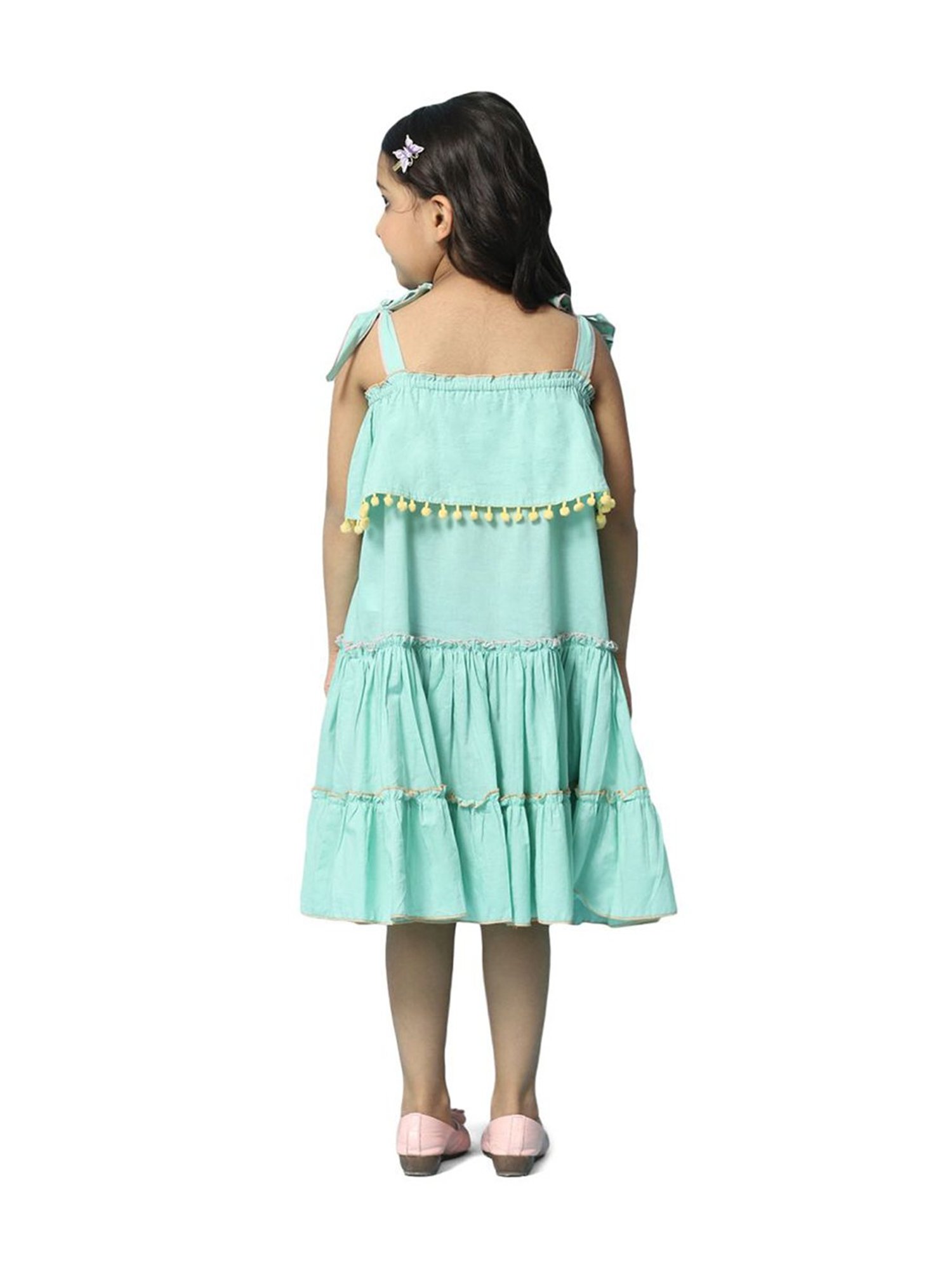BIBA Girls Green Cotton Embroidered Dress
