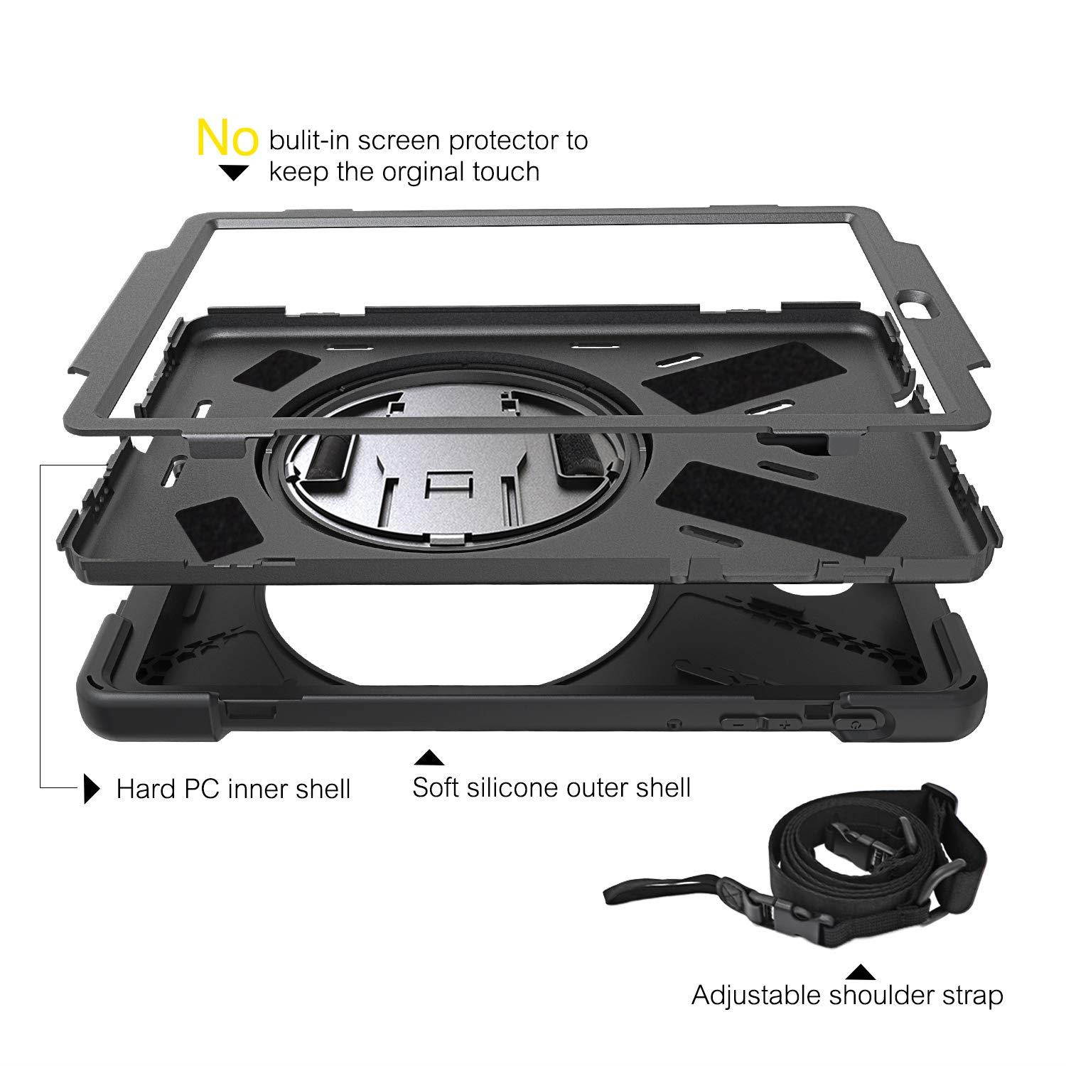 Galaxy Tab A 10.5 Case, BRAECN Heavy Duty Shockproof Rugged Case with 360 Degree Rotatable Hand Strap,Kickstand/Carrying Shoulder Strap for Samsung Galaxy Tab A 10.5 2018 SM-T590/T595 Tablet (Black)