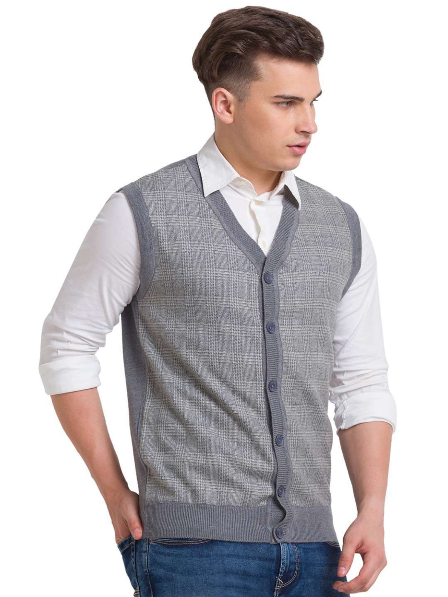 ColorPlus Grey Classic Fit Checks Sweater