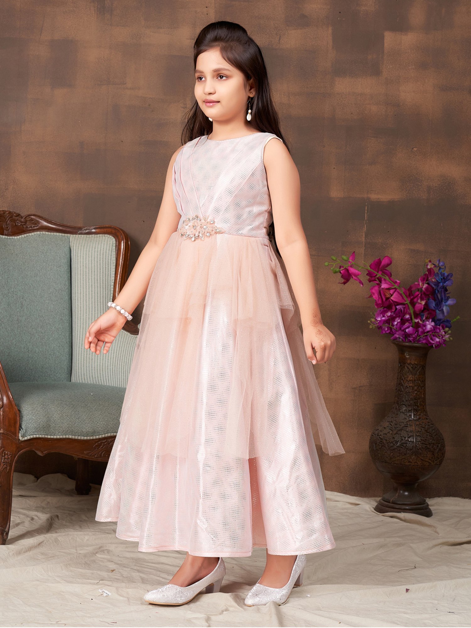 Aarika Kids Peach Embellished Gown with Unstiched Sleeves