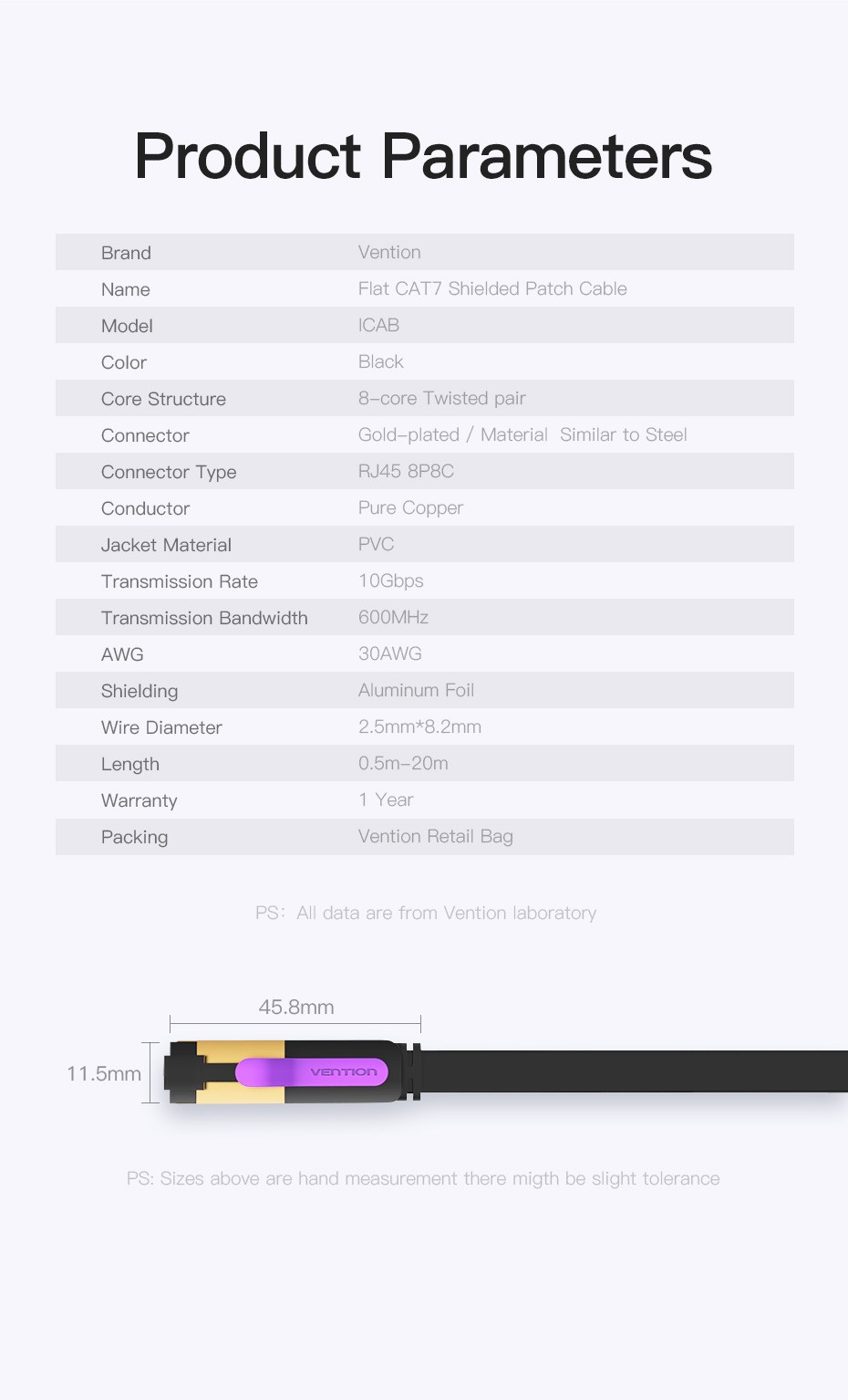 Cat7 Ethernet Cable, Vention Flat High Speed 10 Gigabit LAN Network Patch Cable with Clips, Faster Than Cat6 Cat5e, Shielded RJ45 Connectors for Xbox One, Switch, Router, Modem, Printer- Black/6ft