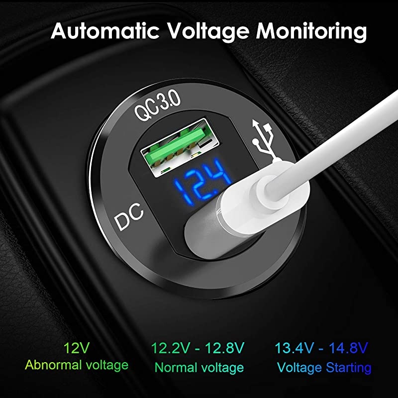 12V USB Outlet,  12V/24V 36W Aluminum Waterproof Dual QC3.0 USB Fast Charger Socket Power Outlet Adapter w/LED Digital Voltmeter for Car, Marine, Boat, Motorcycle, Truck, Golf Cart, etc
