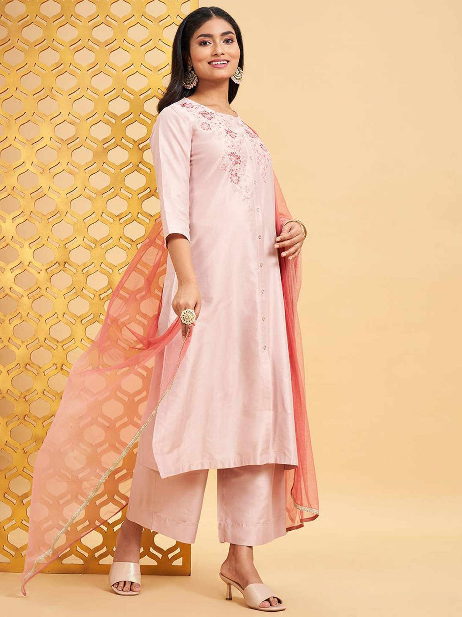 Rangmanch by Pantaloons Peach Embroidered Kurta Palazzo Set With Dupatta