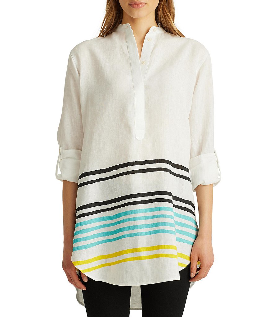 Lauren Ralph Lauren Petite Size Striped Linen Long Roll-Tab Sleeve Hi-Low Tunic