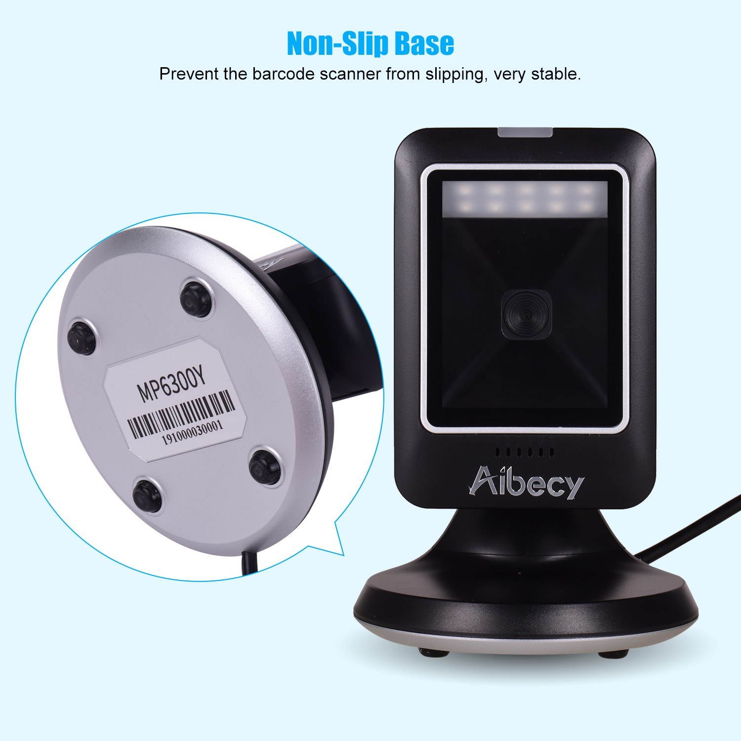Aibecy MP6300Y 1D/2D/QR Omnidirectional Barcode Scanner USB Wired Bar Code Reader CMOS Image Hand-Free for Supermarket Bookstore Retail Hospital