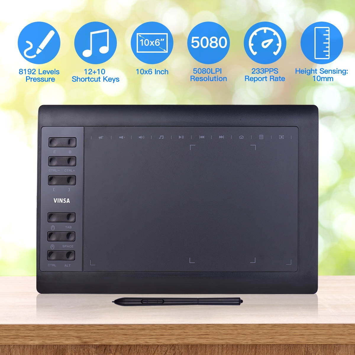 10x6 Inch Professional Graphics Drawing Tablet 12 Express Keys with 8192 Levels Battery-Free Stylus/30pcs Nibs/Pen Clip/2pcs OTG Cable/Copy Film/Hand Feeling Film/Protective Bag/Glove Support