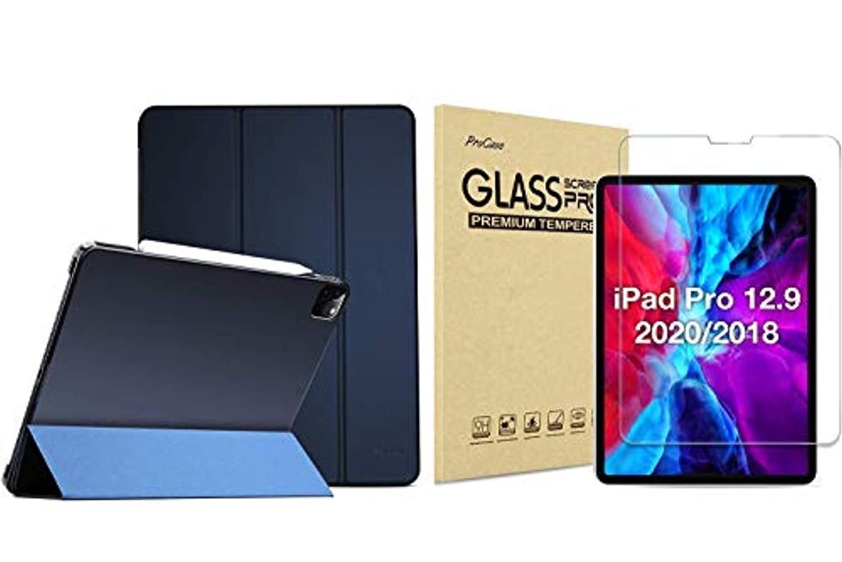 ProCase Navy iPad Pro 12.9 Slim Case 4th Generation 2020 & 2018 Bundle with iPad Pro 12.9 Tempered Glass Screen Protector
