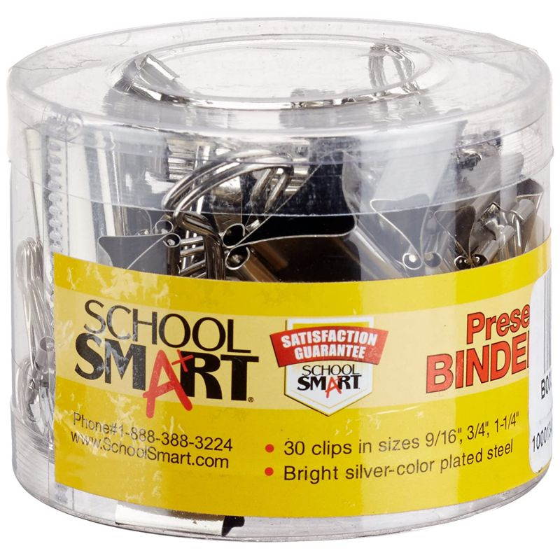 School Smart Presentation Binder Clips - Assorted Sizes - Pack of 30 - Silver