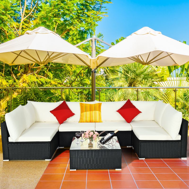 7PCS Patio Rattan Furniture Set Sectional Sofa Cushioned Glass Table Steel Frame