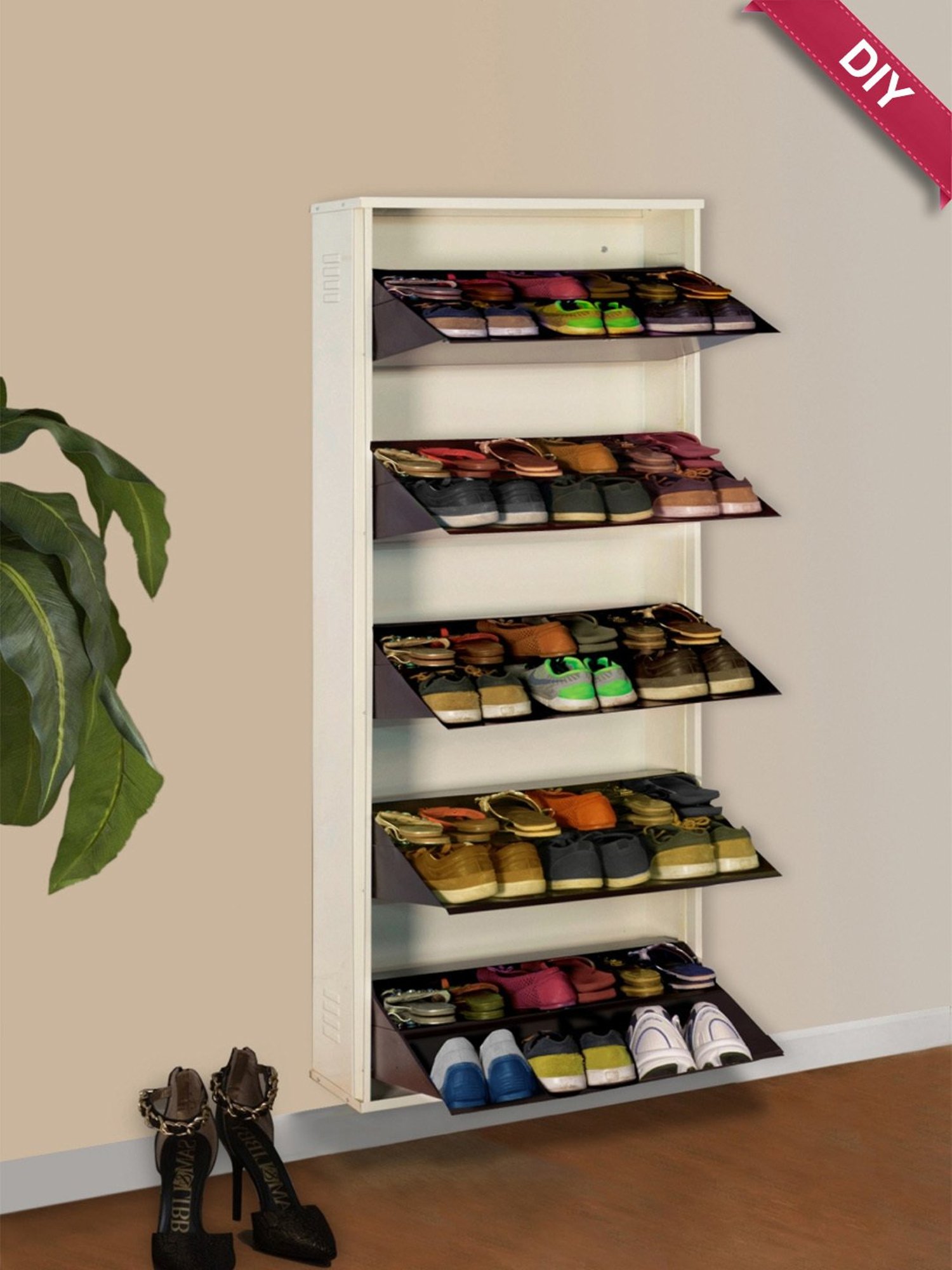 Delite Kom Metal Shoe Rack - 24" 10 Shelf, Double Decker, Ivory Coffee, PowderCoat, Wall Mount, DIY