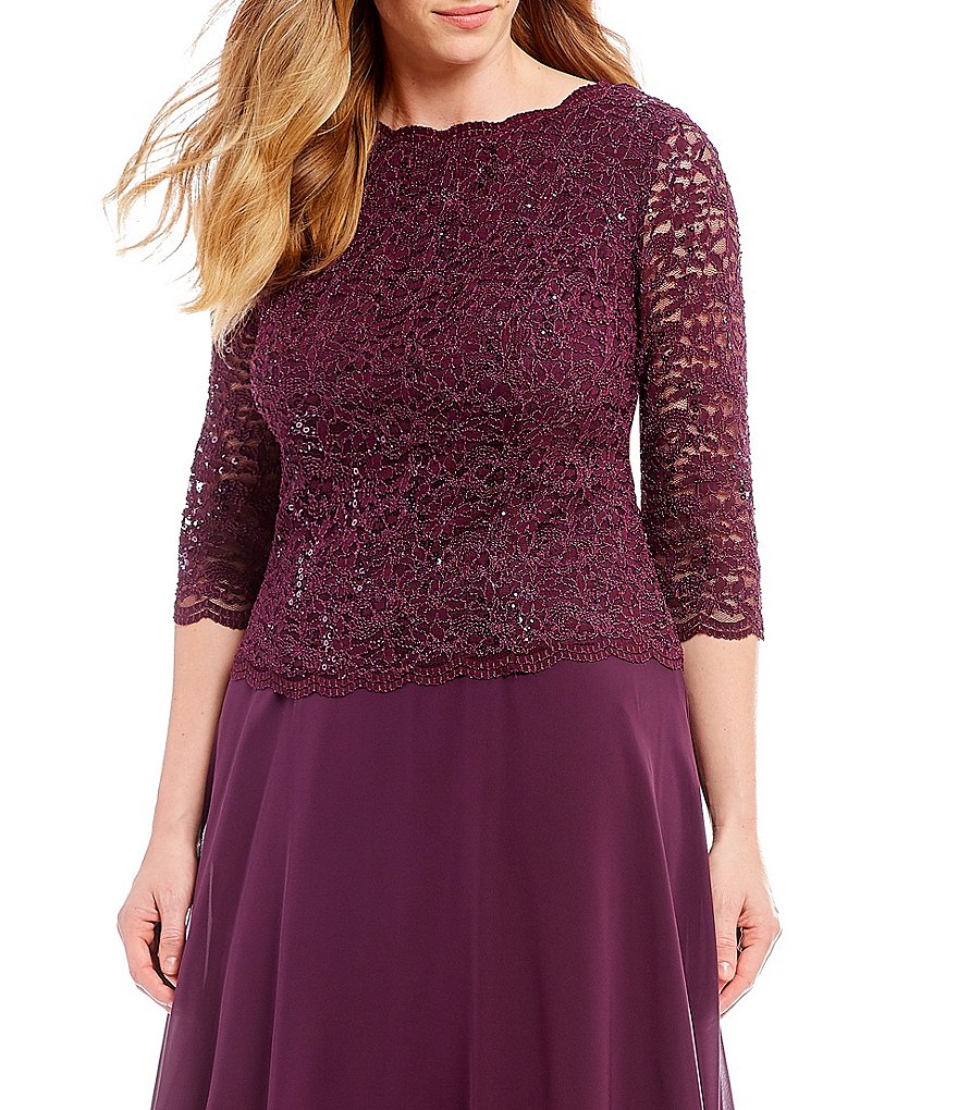 Alex Evenings Plus Size Sequin Lace 3/4 Illusion Sleeve Scallop Round Neck Bodice Chiffon Skirted Tea Length Dress