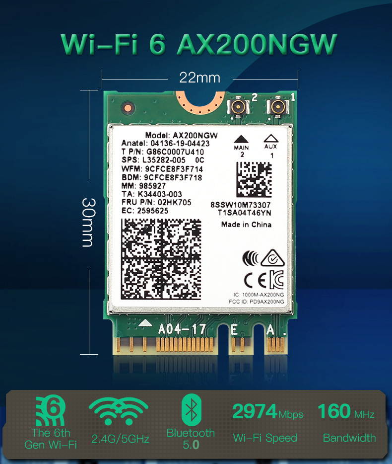 Intel AX200 Wireless Network Card WIFI6 dual-band 5G/2.4G Gigabit built-in NGFF Bluetooth 5.0 Support MI-MUMO