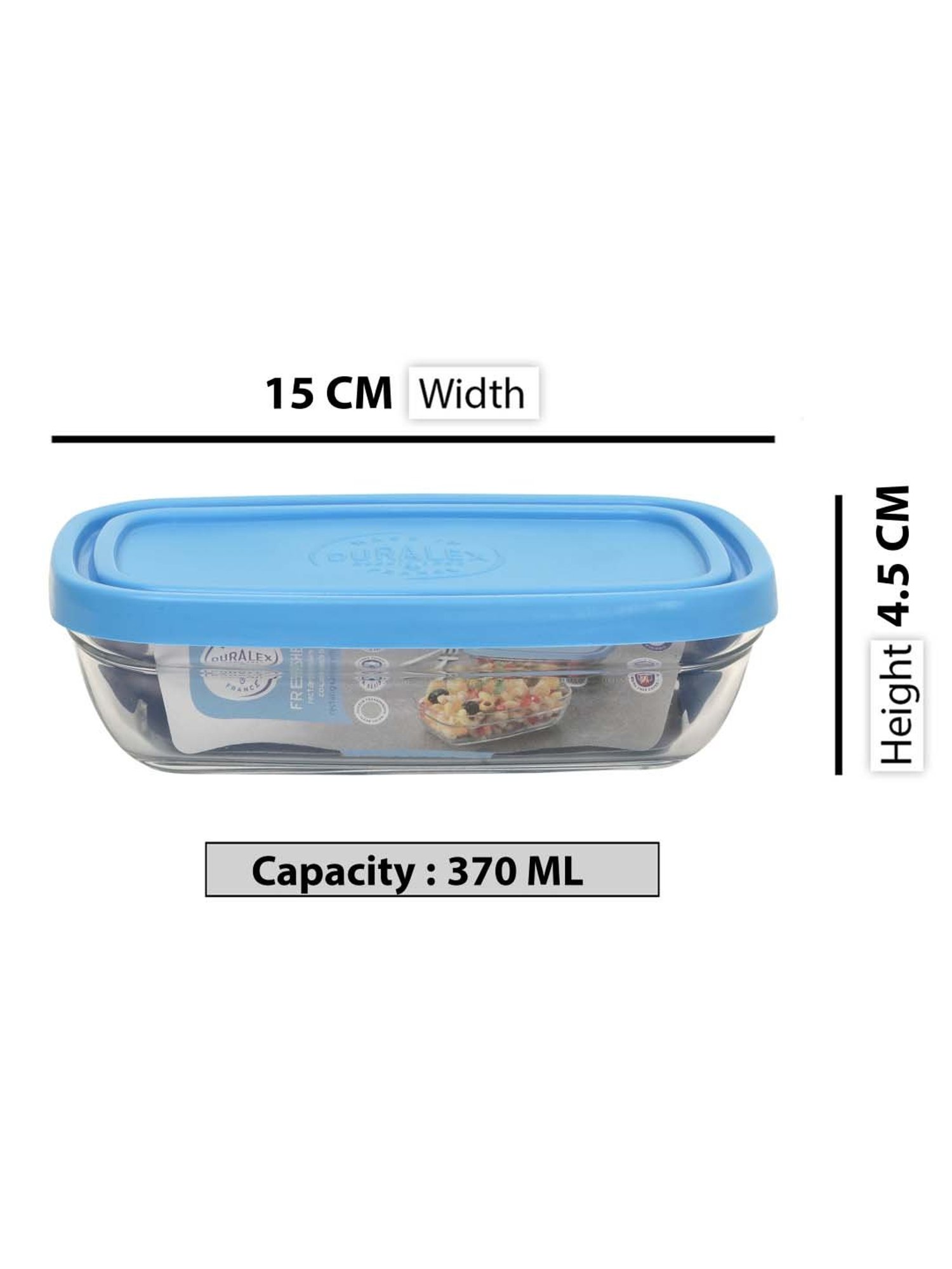 Duralex 'Freshbox' Transparent & Blue Glass 15 cm Container With Lid (0.37 L) - Set of 2