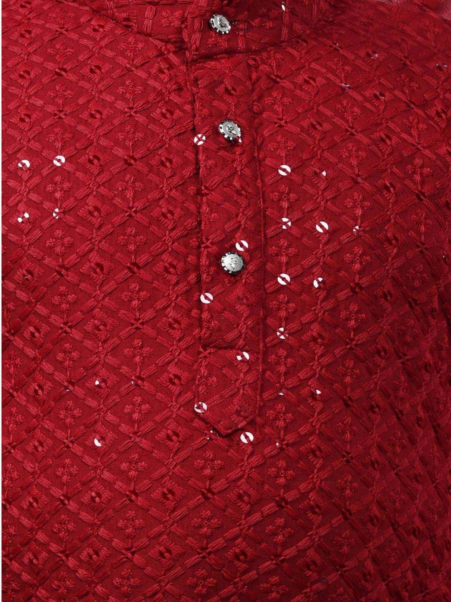 Ahhaaaa Kids Red & White Cotton Embroidered Full Sleeves Kurta Set