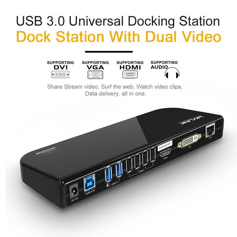 Wavlink USB 3.0 Universal Laptop Docking Station, Dual Video Display HDMI & DVI/VGA ,Port Replicator, Gigabit Ethernet, Audio, 6 USB Ports,  Laptop, Ultrabook, Macbook, Windows 10,8,7,XP,Mac,Android