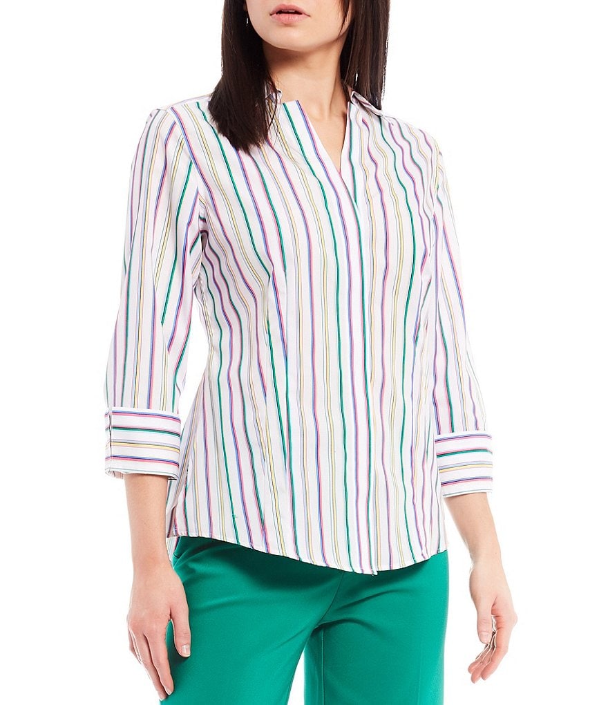 Investments Petite Size Taylor Gold Label Non-Iron Y-Neck 3/4 Sleeve Button Front Striped Shirt