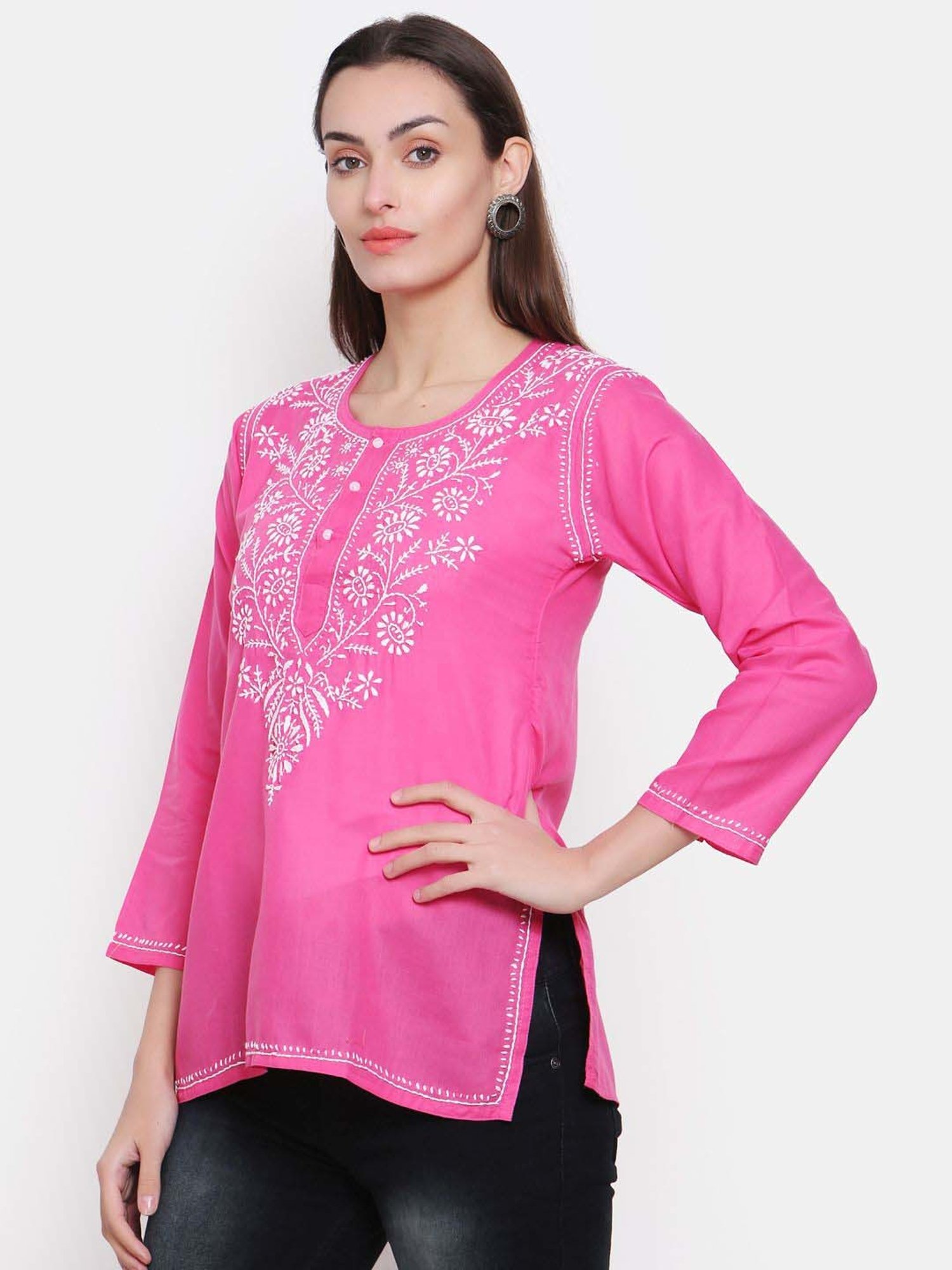 PARAMOUNT CHIKAN Hot Pink Cotton Chikankari Straight Kurti