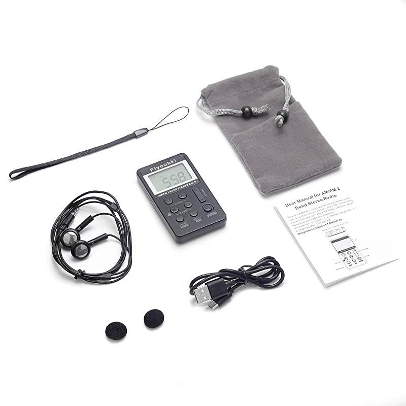 Pocket Small Radio by  Personal Mini AM FM Portable Digital Tuning Transistor Radios with Best Reception Earphones Lanyard and Rechargeable Battery for Walking Jogging Exercising Black