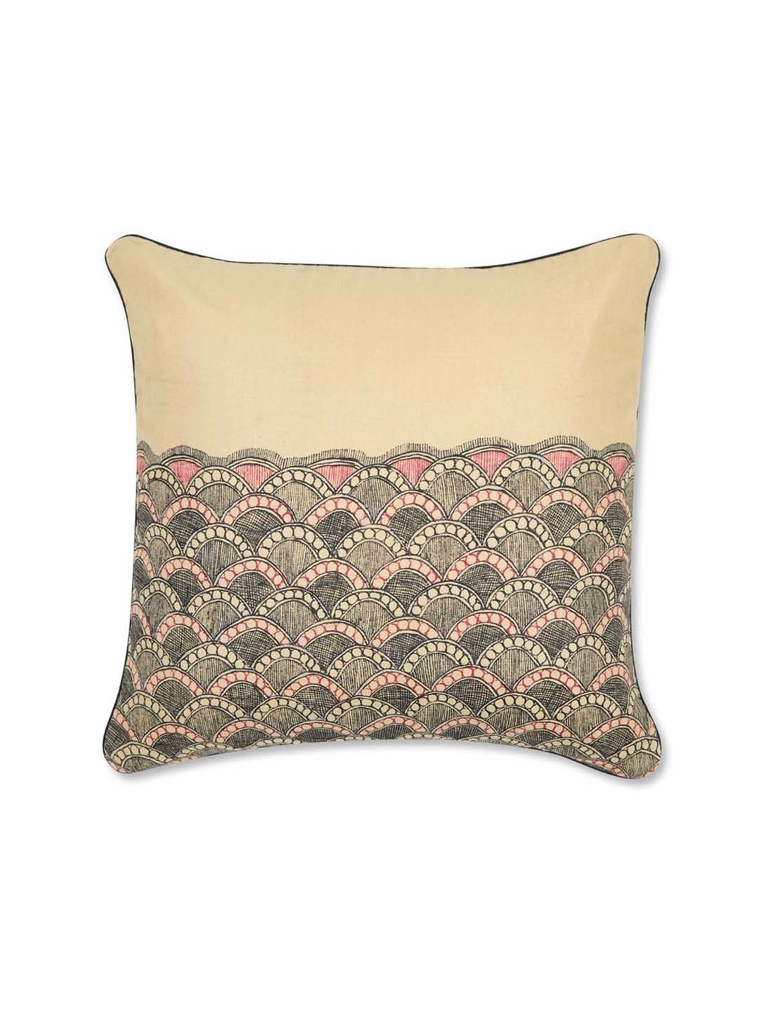 Fabindia Home Madhubani Beige & Black 110 GSM Viscose Silk Cushion Cover