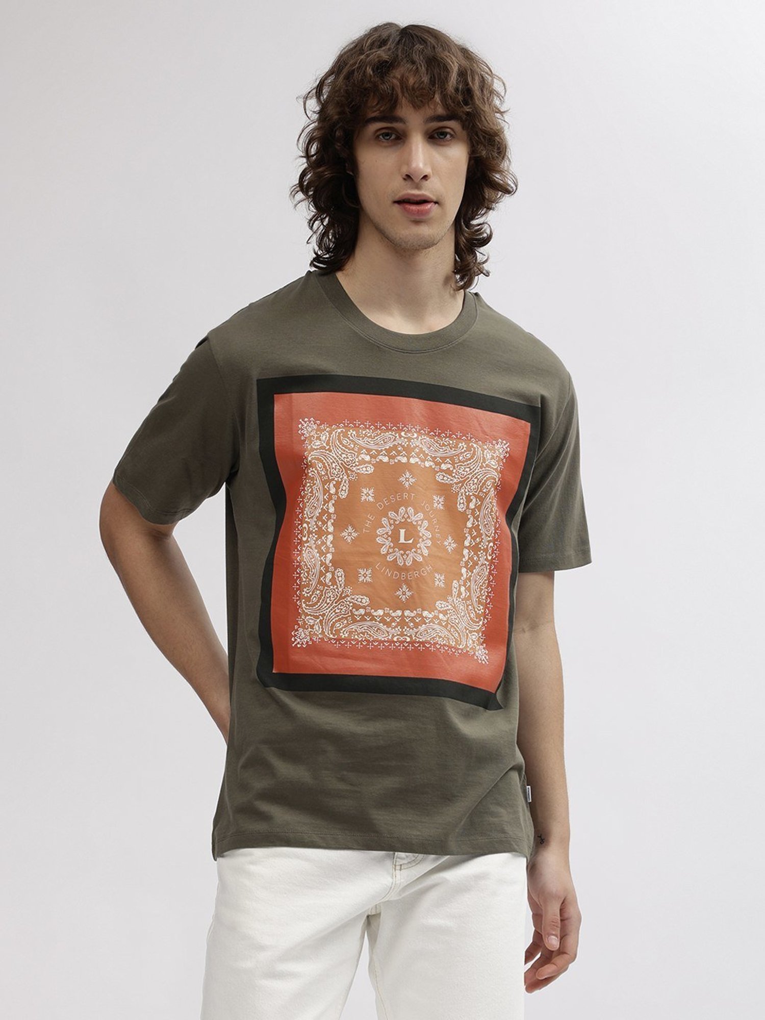 Lindbergh Green Cotton Oversize Fit Printed T-Shirt