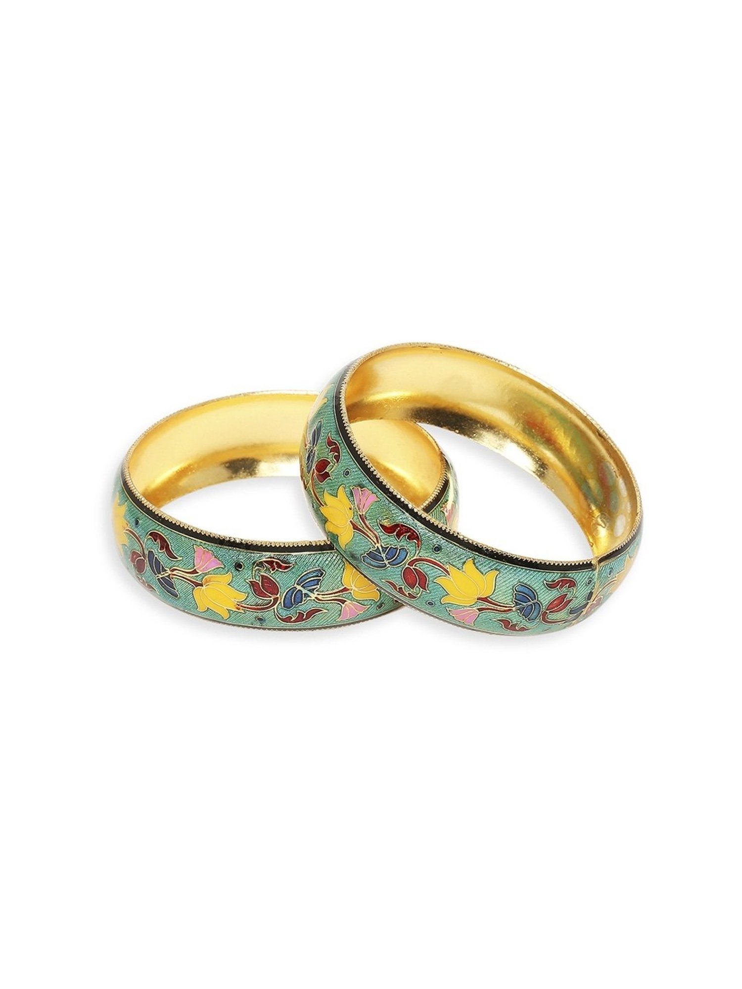 Oomph Jewellery Mint Green & Yellow Meenakari Lotus Design Brass Bangles - Set of 2