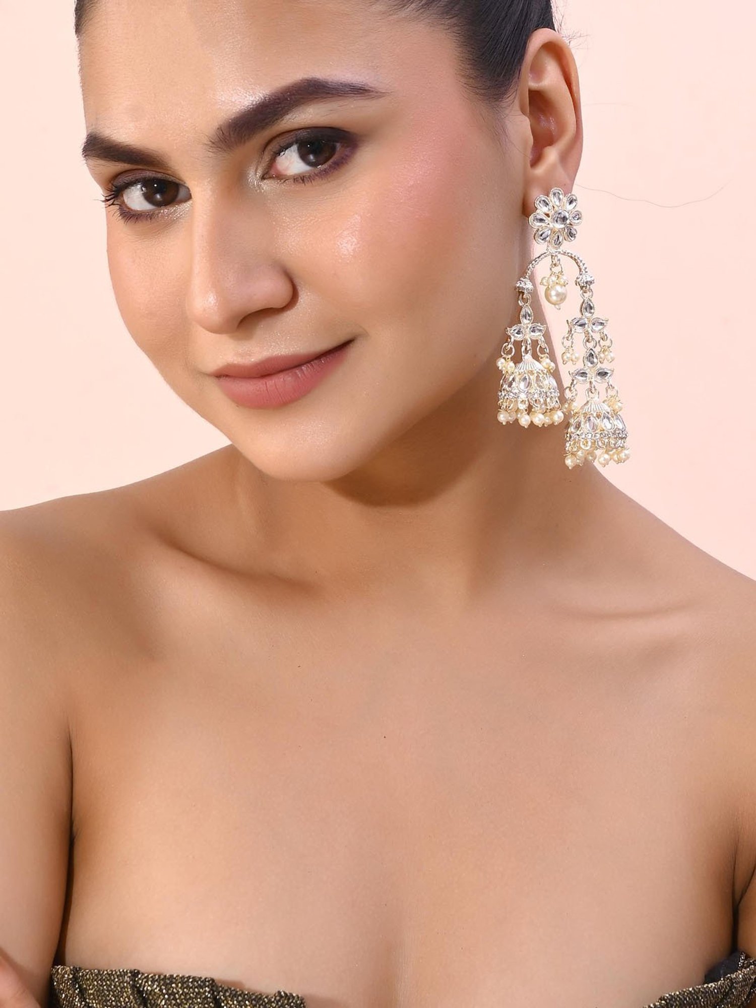 VOJ Gold Plated Kundan Contemporary Up & Down Jhumka Earrings for Women
