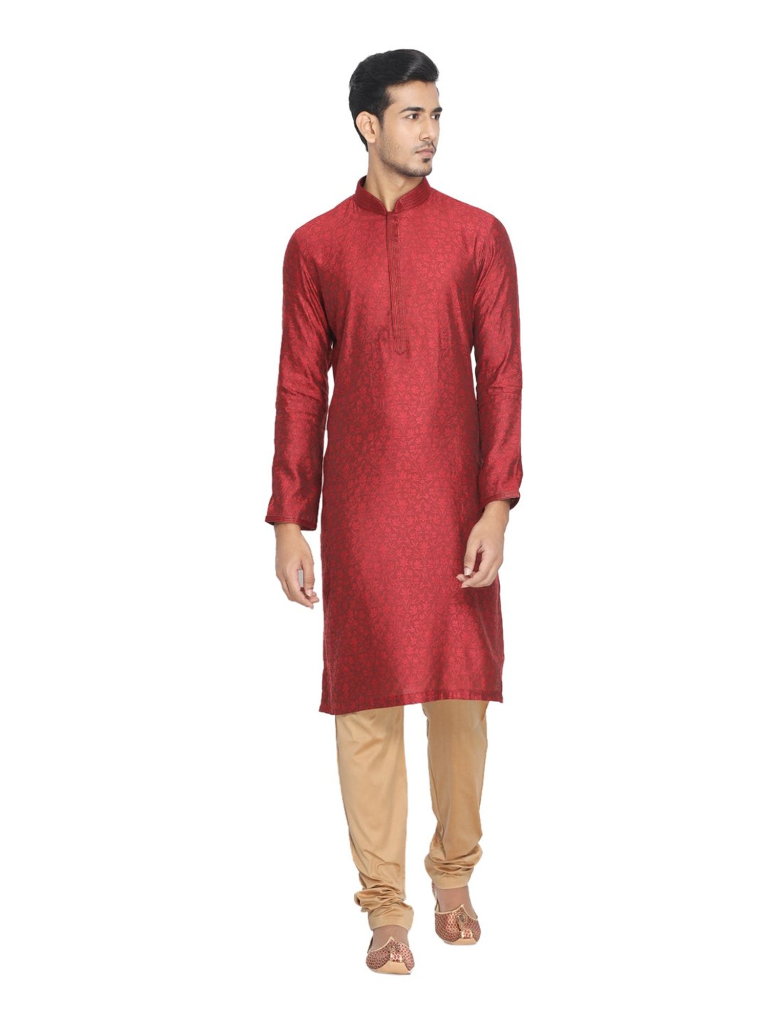Manyavar Maroon & Beige Self Design Kurta Set