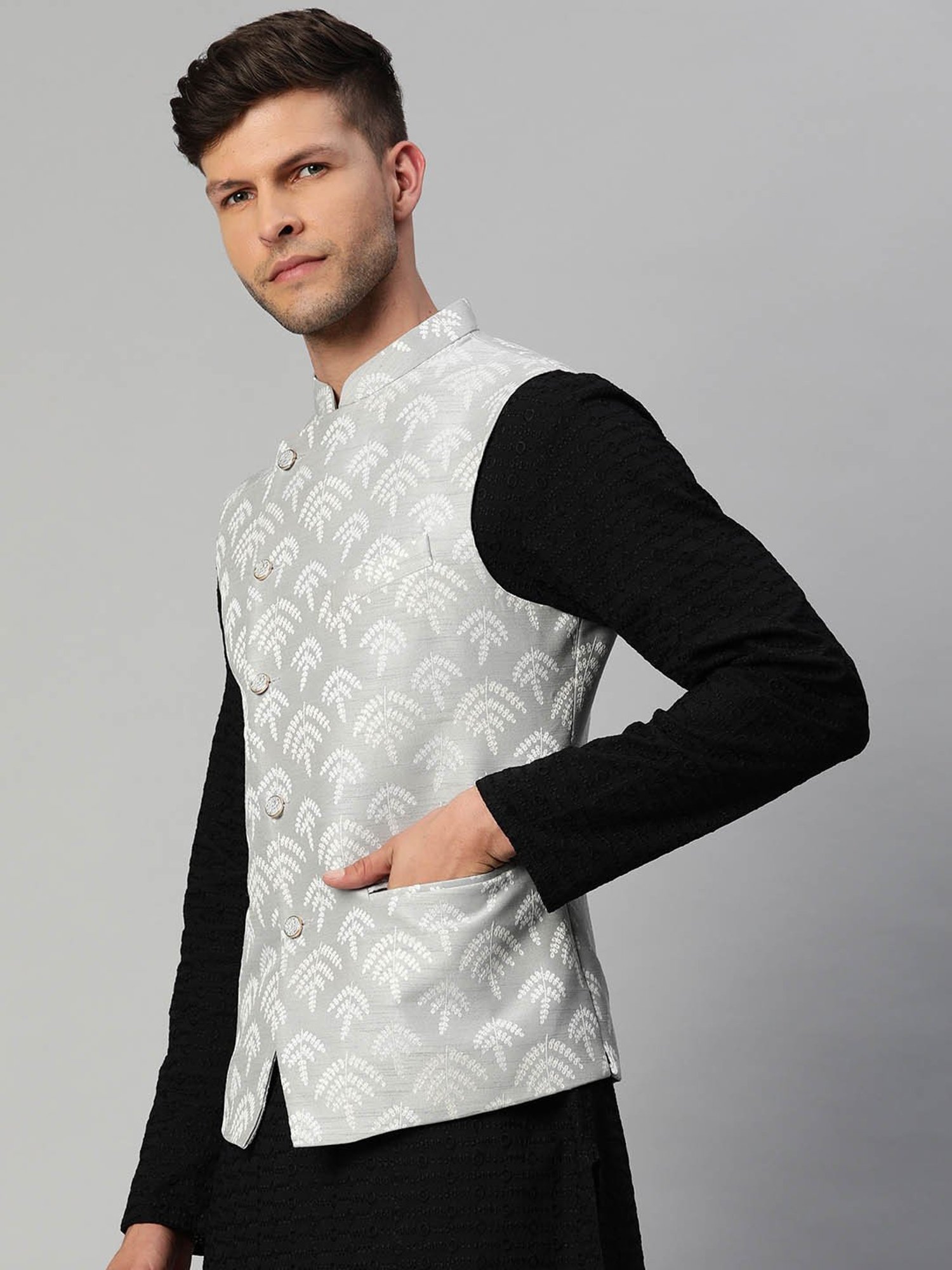 ManQ Grey Slim Fit Nehru Jacket