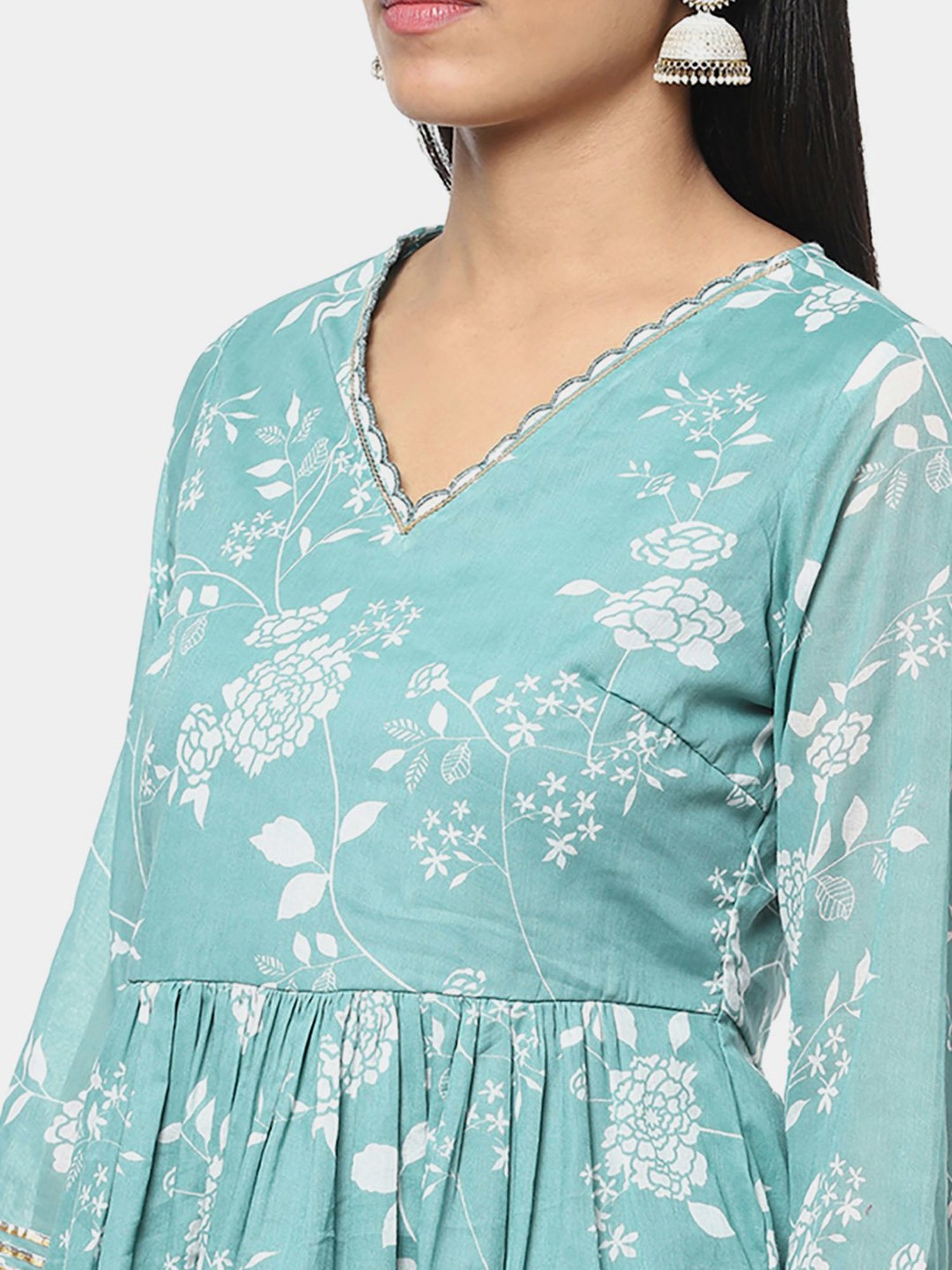 Biba Green Cotton Printed Kurti Sharara Set With Dupatta