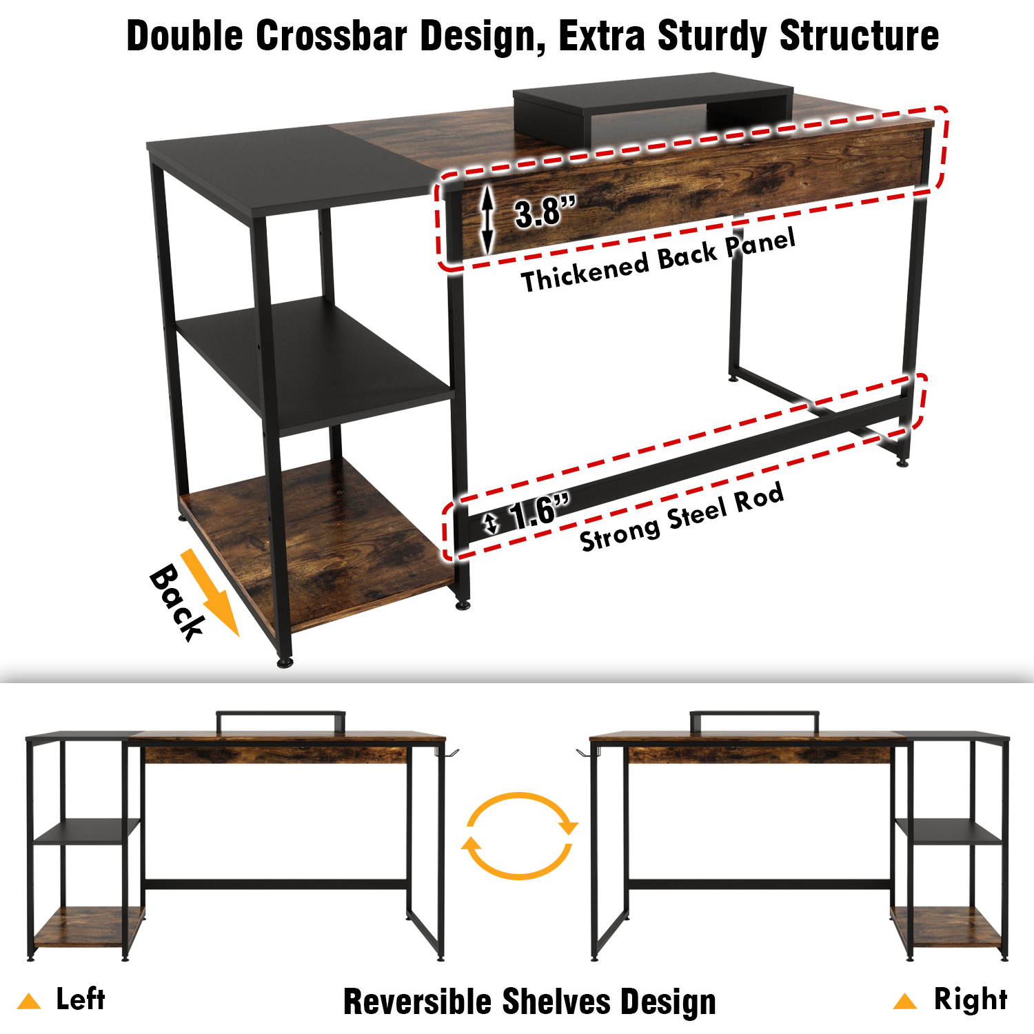 Bestier 55 Inch Home Desks with Monitor Stand & Storage Shelves, Sturdy Rustic Desk, Home Office Laptop Desk, Easy to Assemble, Rustic Brown & Black