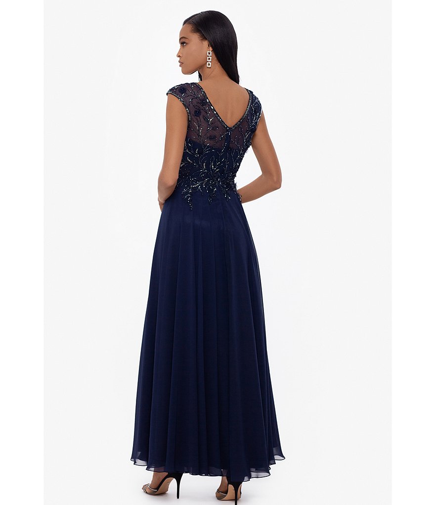 Xscape V-Neck Cap Sleeve Beaded Bodice Chiffon Gown