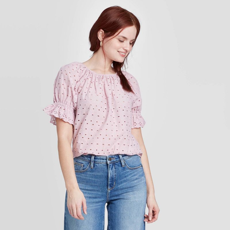 Women's Short Sleeve Round Neck Eyelet Top - Universal Thread™ Lilac L