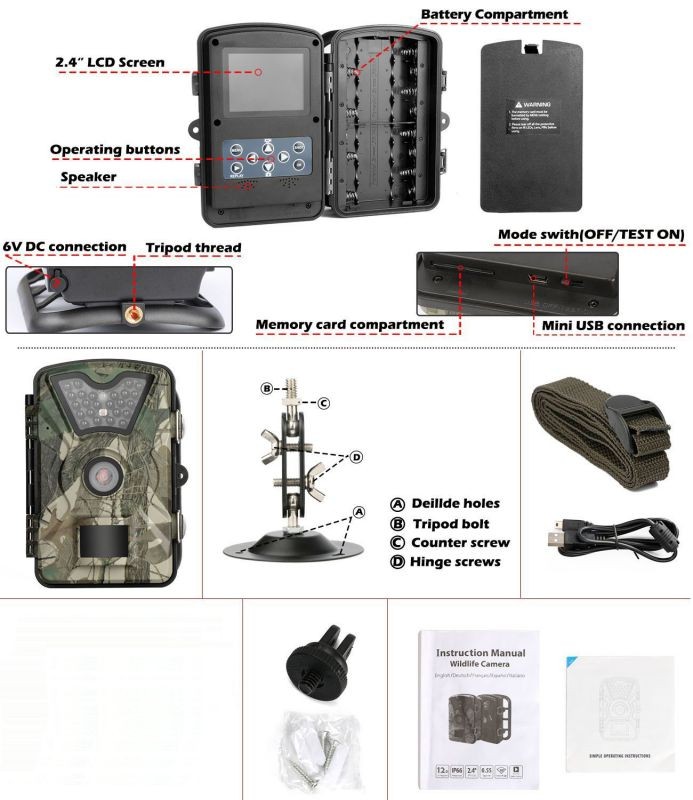 Game Trail Camera 1080P 12MP with Sound Scouting Camera with 2.4in LCD Screen No Glow Black Infrared Night Vision 0.5s Trigger Speed IP66 Waterproof for Wildlife Hunting Monitoring Security