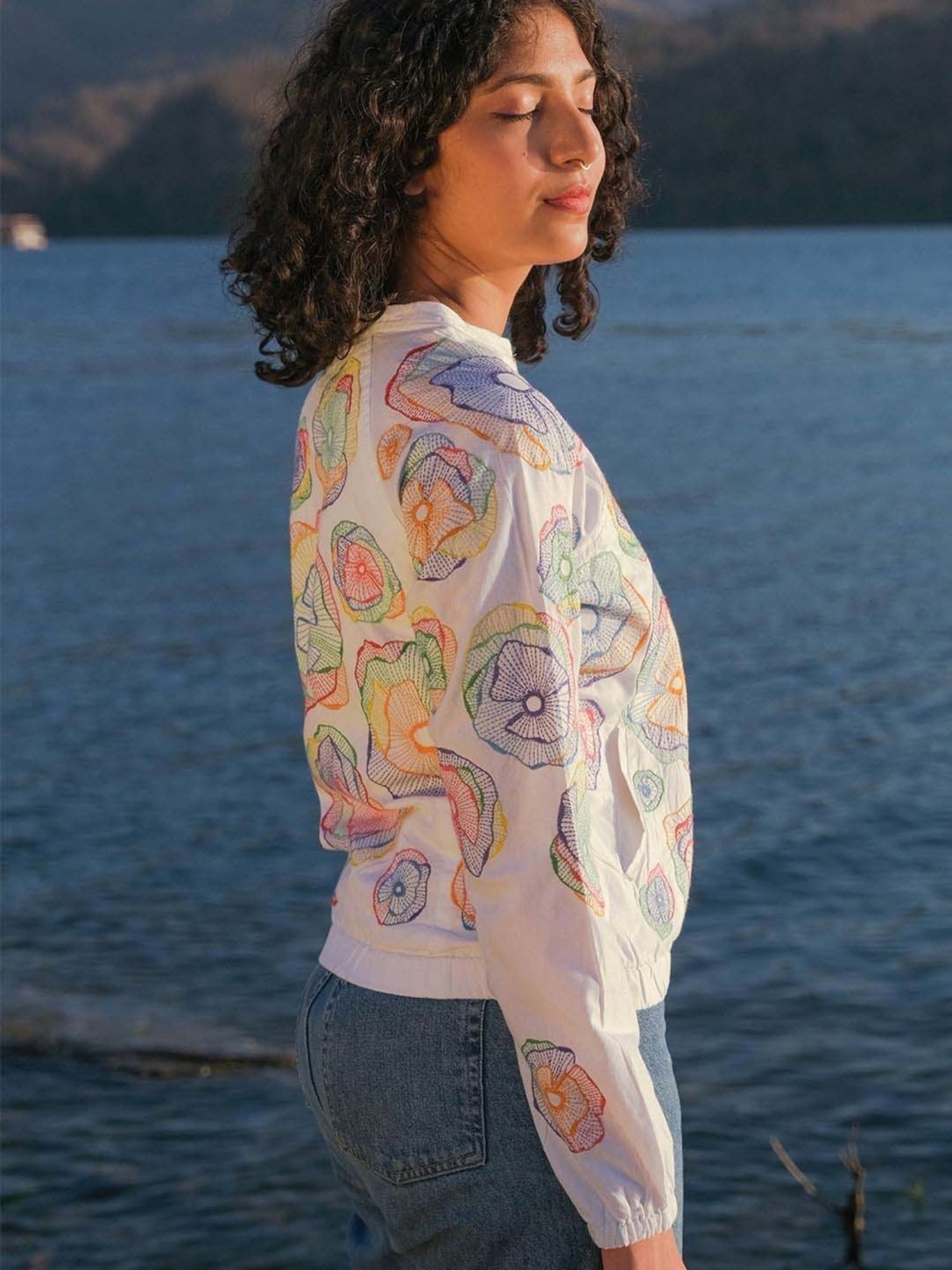 Okhai Holi White Pure Cotton Hand Embroidered Jacket