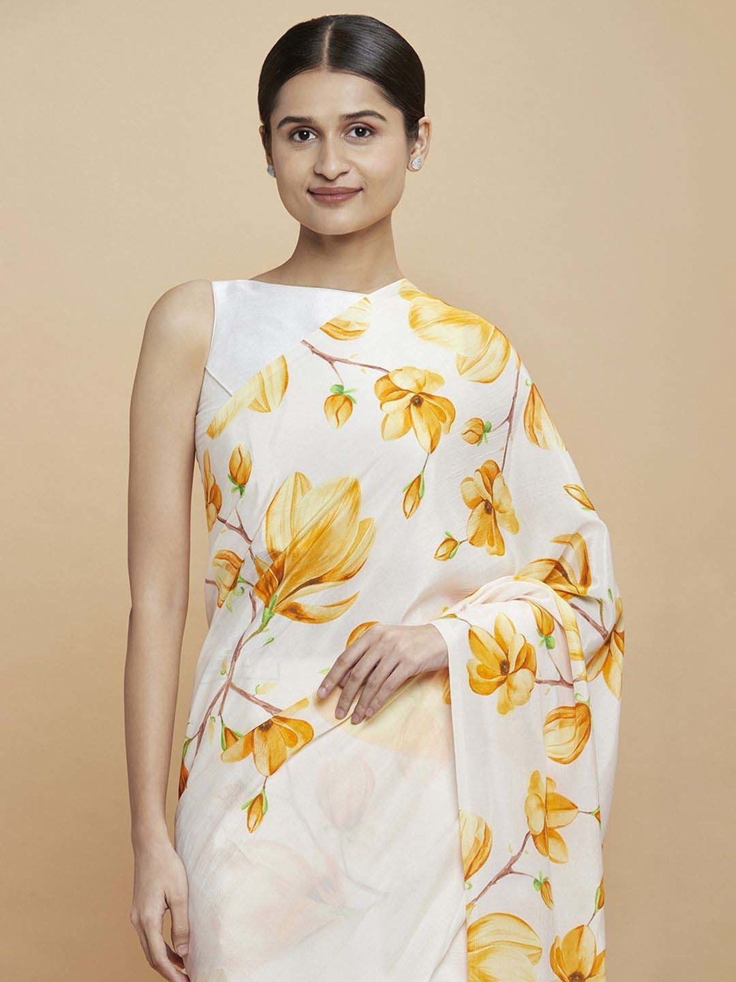 navyasa by liva White & Yellow Floral Print Saree With Unstitched Blouse