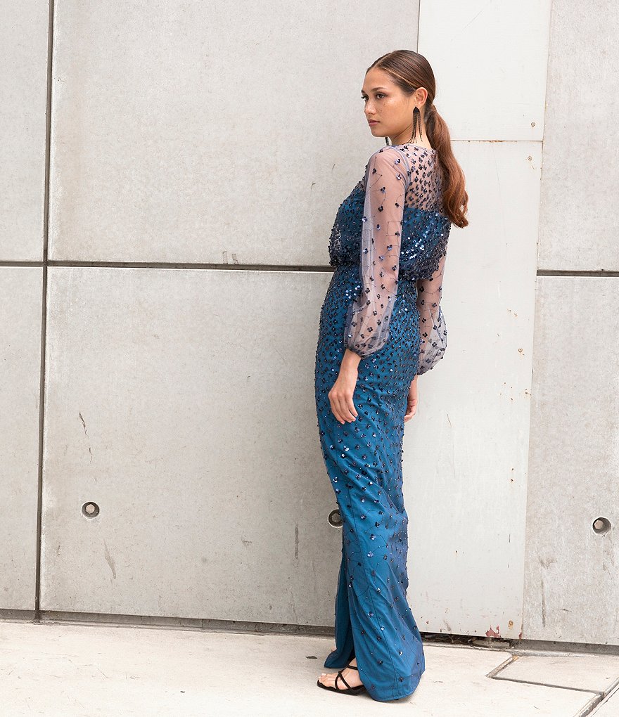 JS Collections Zoe Sheer Long Balloon Sleeve Illusion Boat Neck Front Slit Sequin Dot Blouson Gown