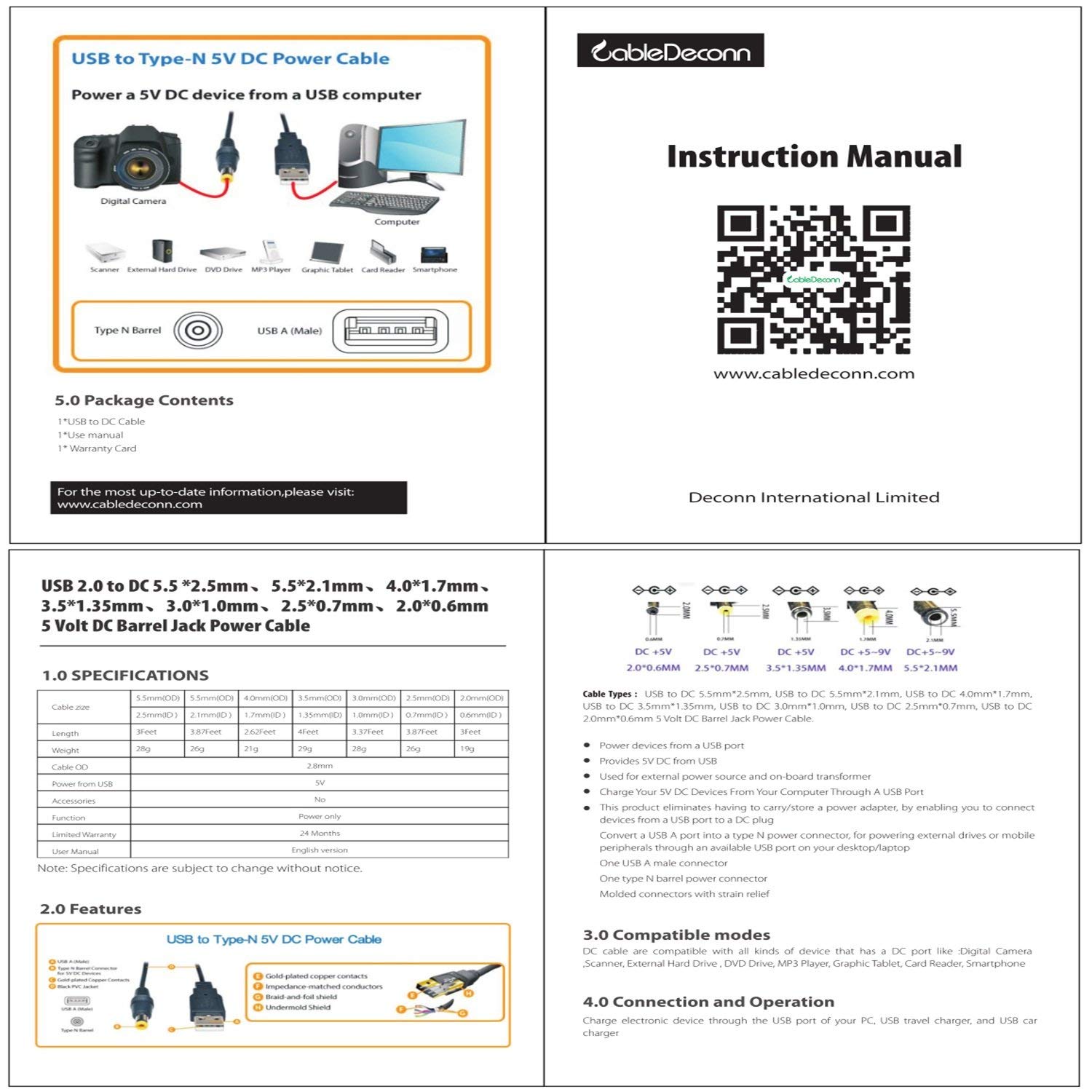 CABLEDECONN USB to DC4.0 mm/1.7mm 5 Volt Dc Barrel Jack Power Cable 2PCS