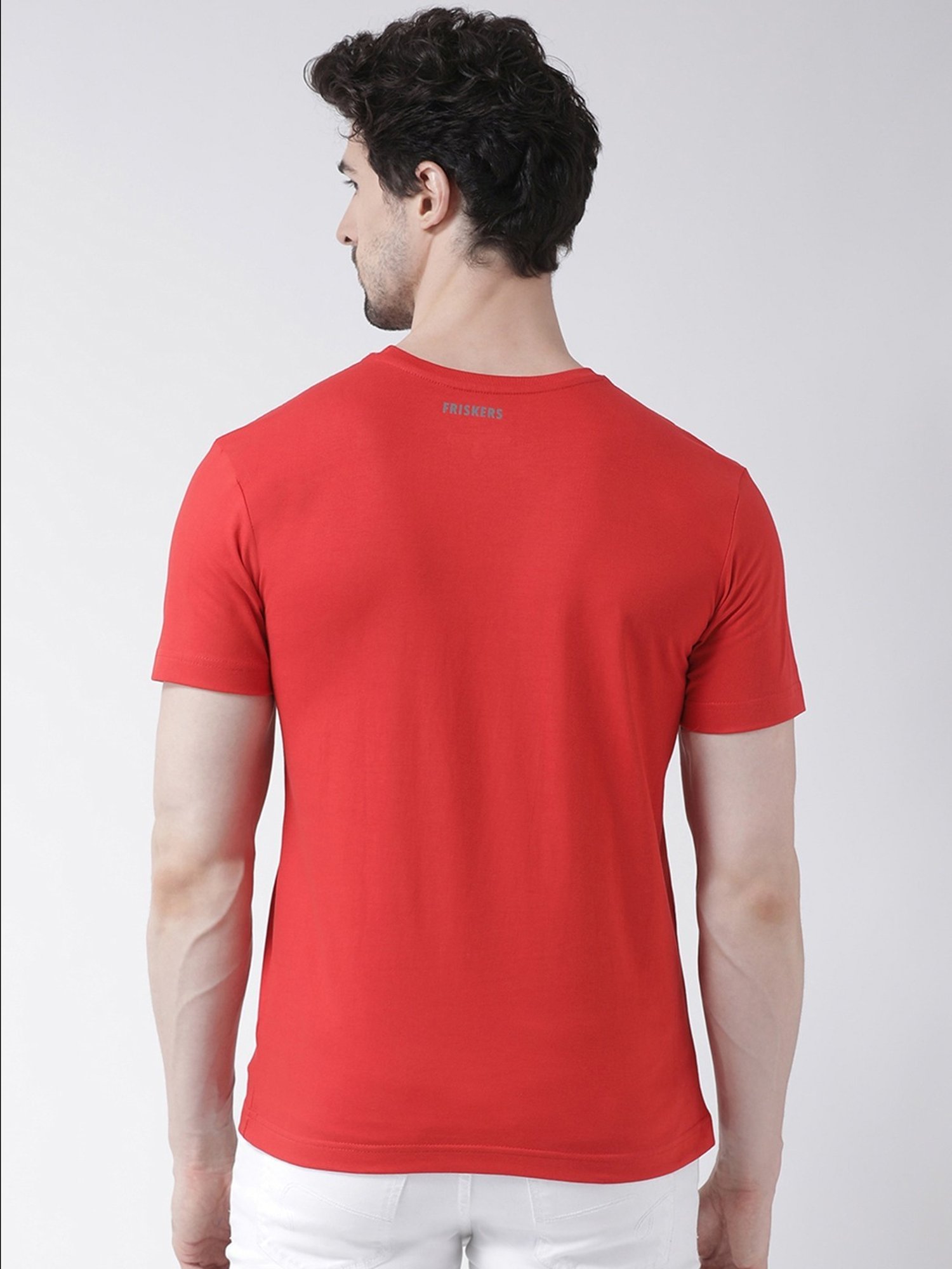 Friskers Red Cotton Slim Fit Printed T-Shirt