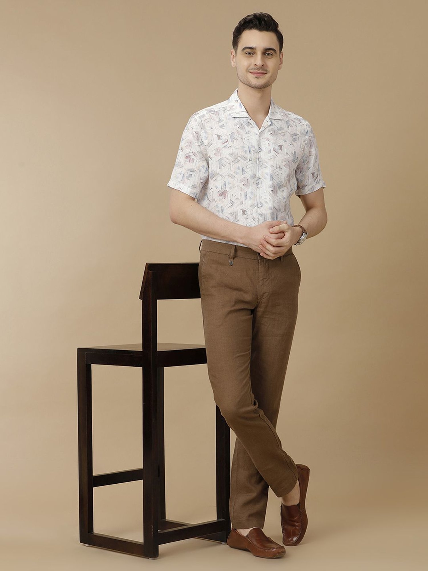 Linen Club Blue Linen Contemporary Fit Printed Shirt