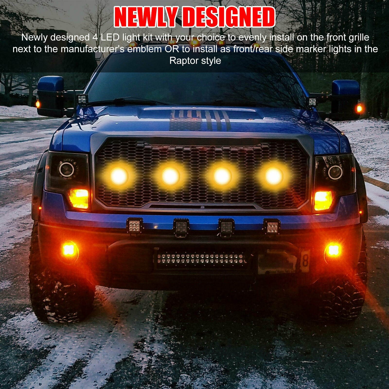 4x LED Amber Grille Mark Lights Kit for Chevy Ford Pickup Truck Raptor SVT Style