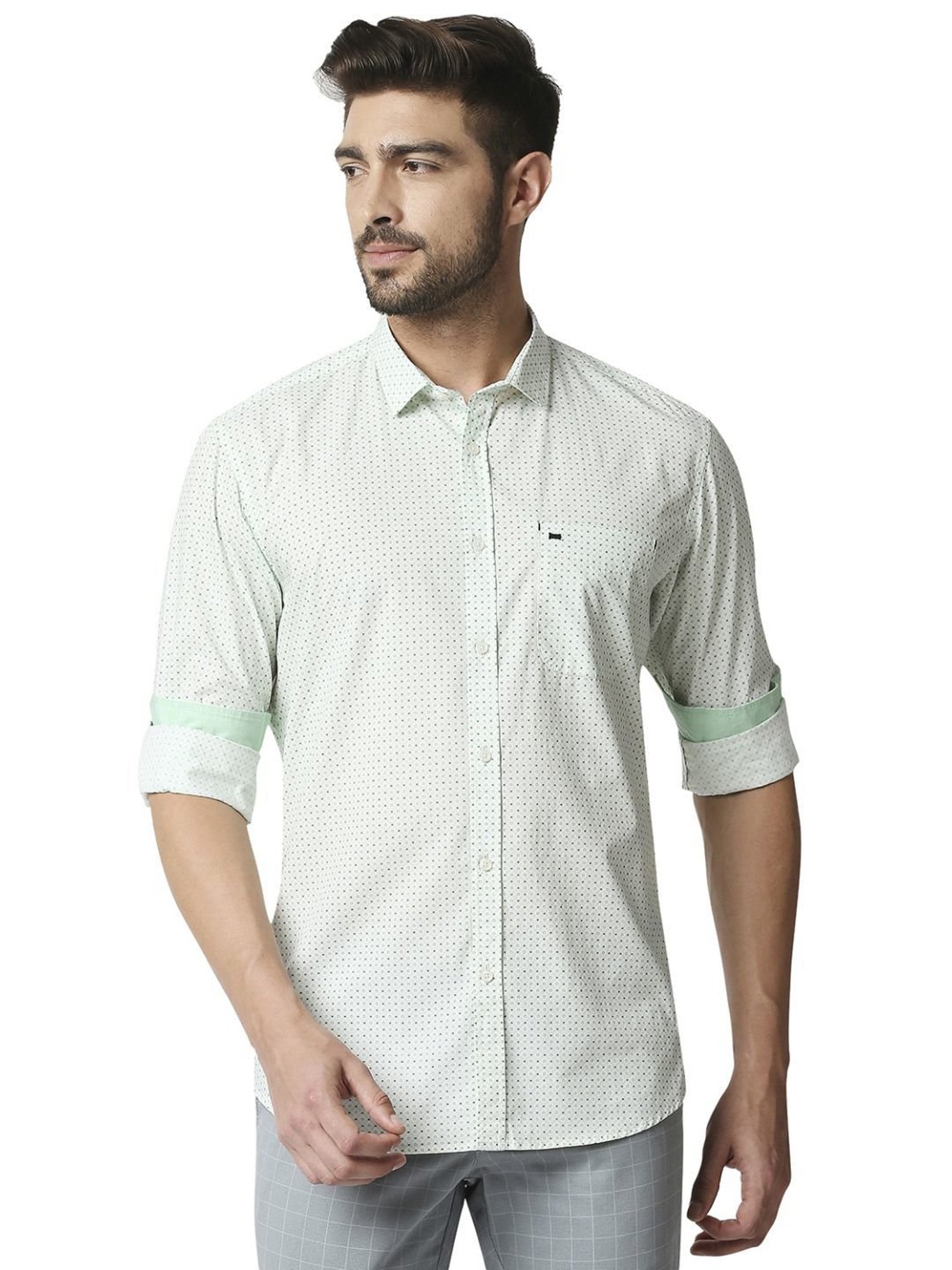 Basics Green Cotton Slim Fit Printed Shirt