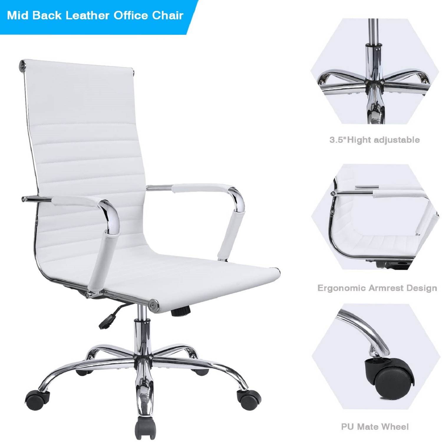 Devoko Office Desk Chair Mid Back Leather Height Adjustable Swivel Ribbed Chairs Ergonomic Executive Conference Task Chair with Arms (Black)