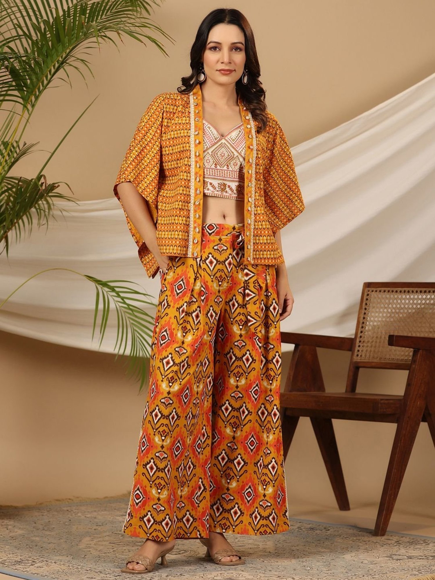 Juniper Mustard Ikat Printed & Tribal Embroidered Rayon Co-Ord Set With Jacket & Kaudis
