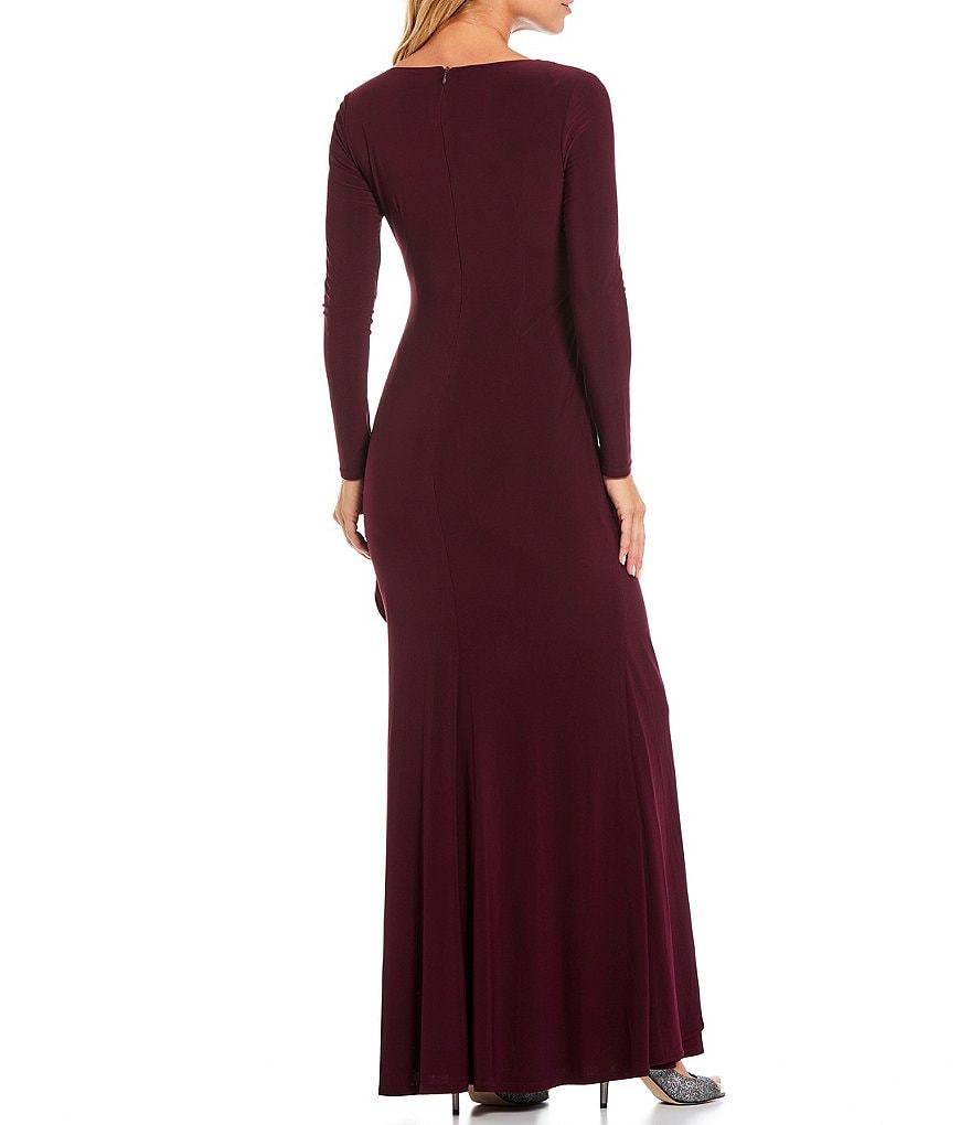 Jessica Howard Deep Surplice V-Neck Long Sleeve Ruched Waist Cascading Ruffle Beaded Gown