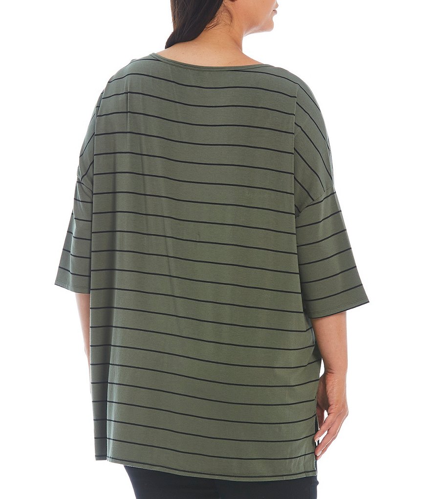Westbound Plus Size Striped Round Neck 3/4 Sleeve 1 Pocket Tee