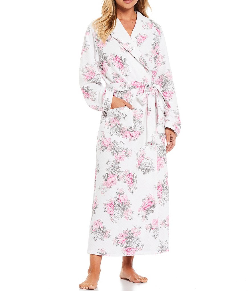 Eileen West Floral Print Diamond Quilt Long Wrap Robe