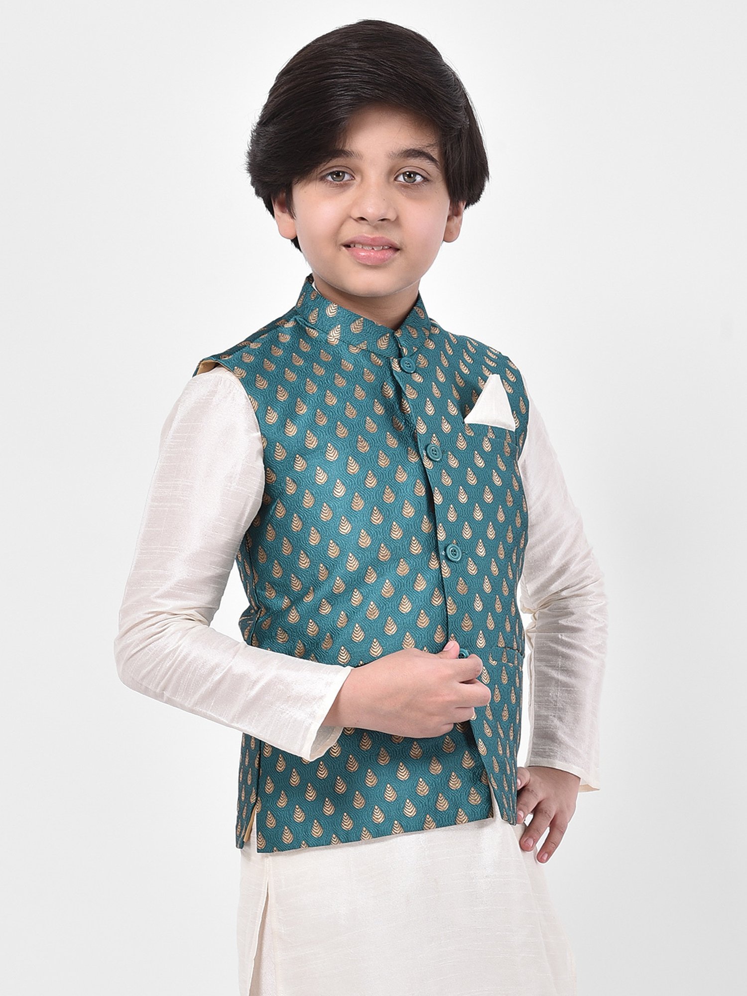Deyann Kids Sea Green Embroidered Nehru Jacket