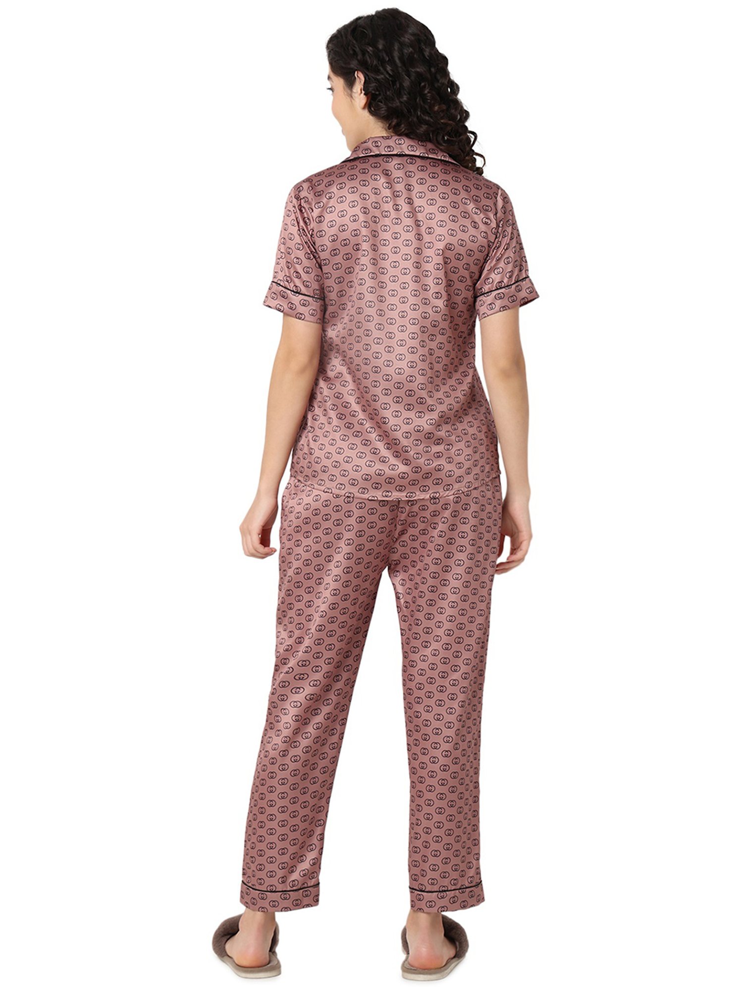 Smarty Pants Brown Satin Printed Shirt With Pyjamas