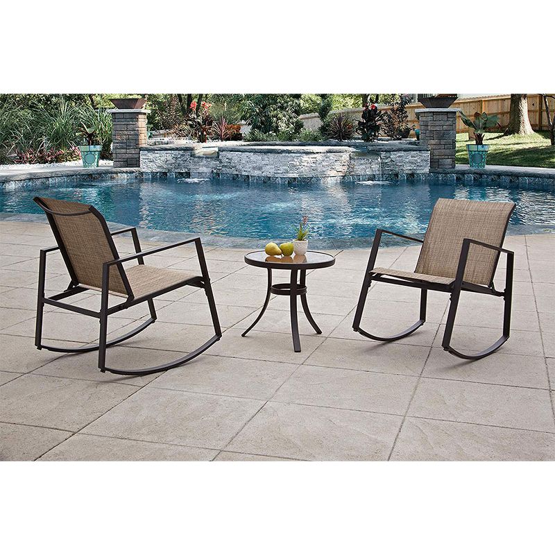 Liberty Garden Aurora 3 Piece Rocking Chair Bistro Set with Polyester Sling, Tan